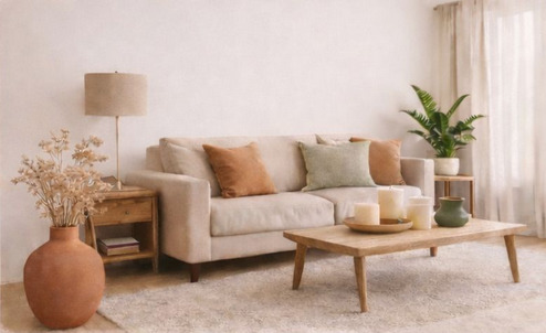 Sala aconchegante com sofá bege e almofadas terrosas